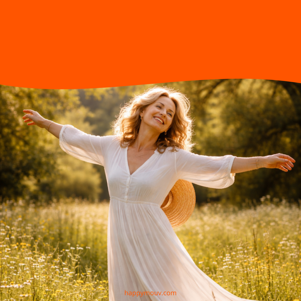 Femme de plus de 50 ans souriante en mouvement dans la nature, symbole de bien-être et de vitalité Femme de plus de 50 ans souriante en mouvement dans la nature, symbole de bien-être et de vitalité
