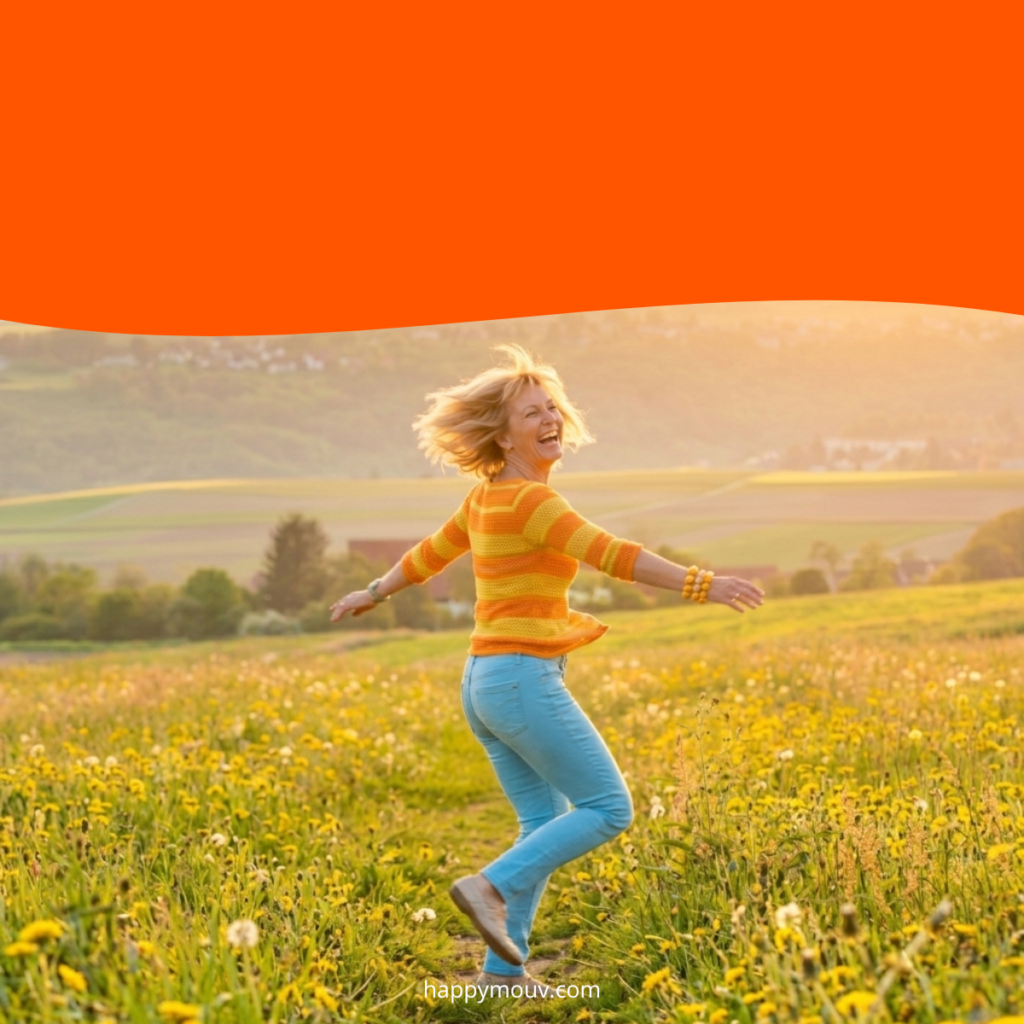 Femme de 50 ans qui bouge librement dans la nature – bouger contre la sédentarité Femme de 50 ans qui bouge librement dans la nature – bouger contre la sédentarité