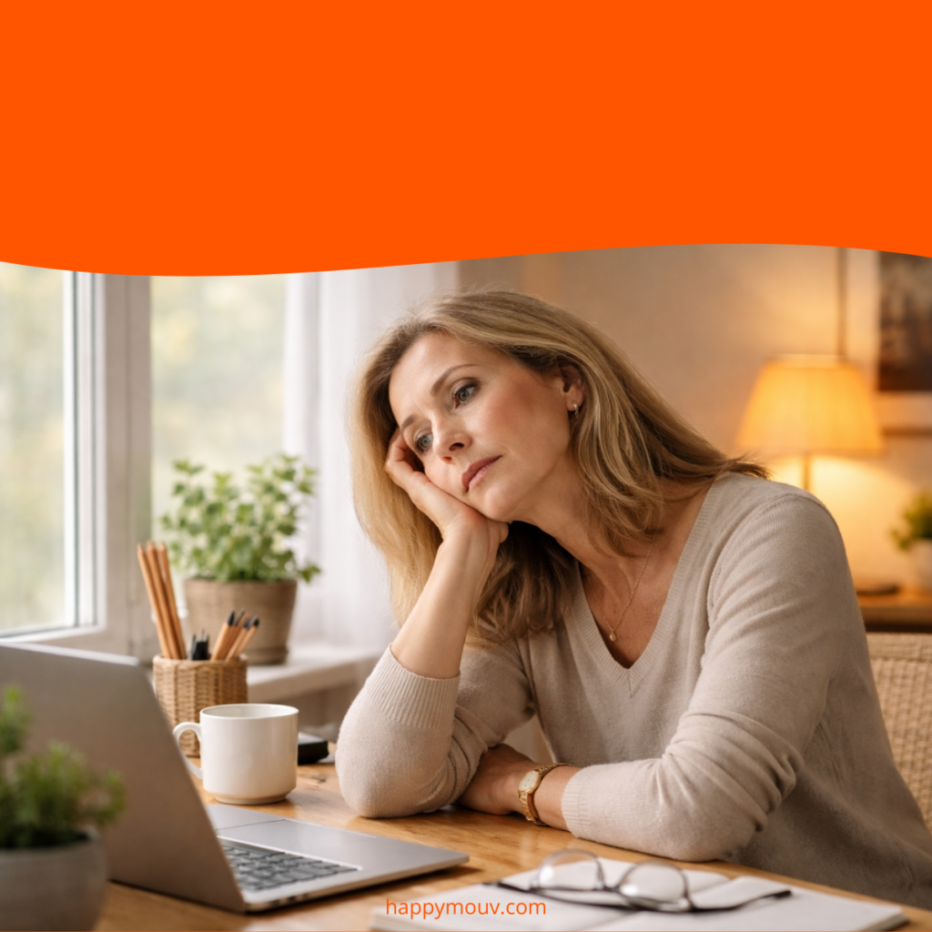 Femme d'une cinquantaine d'années, assise à son bureau devant un ordinateur portable, la tête appuyée sur la main, l'air fatigué et absent — illustration des effets invisibles de la sédentarité au quotidien